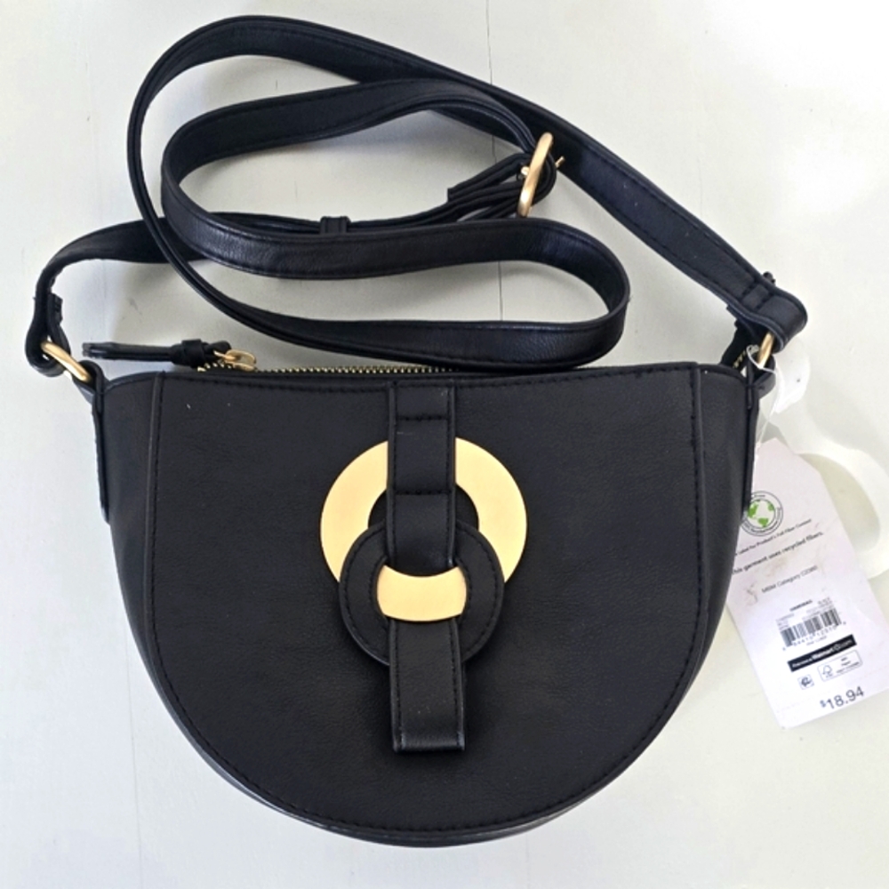 670 Time and True Black Faux  Leather Saddle Bag Purse Handbag NWT